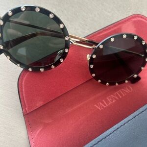 Valentino Black Round Sunglasses with Gold-Tone Bridge and Crystal Studs